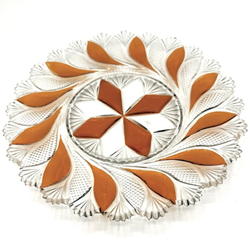Vintage cut glass plate inset with colored glass